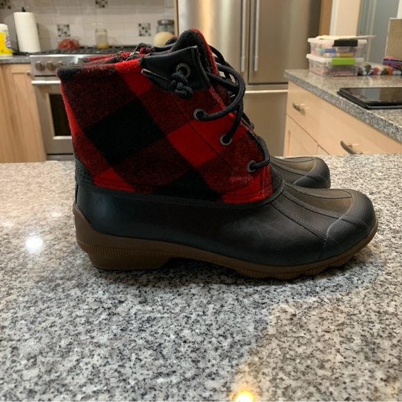 Sperry Salt Water Duck Boots - Red and Black Buffalo Print with Leather Laces - Picture 2 of 5